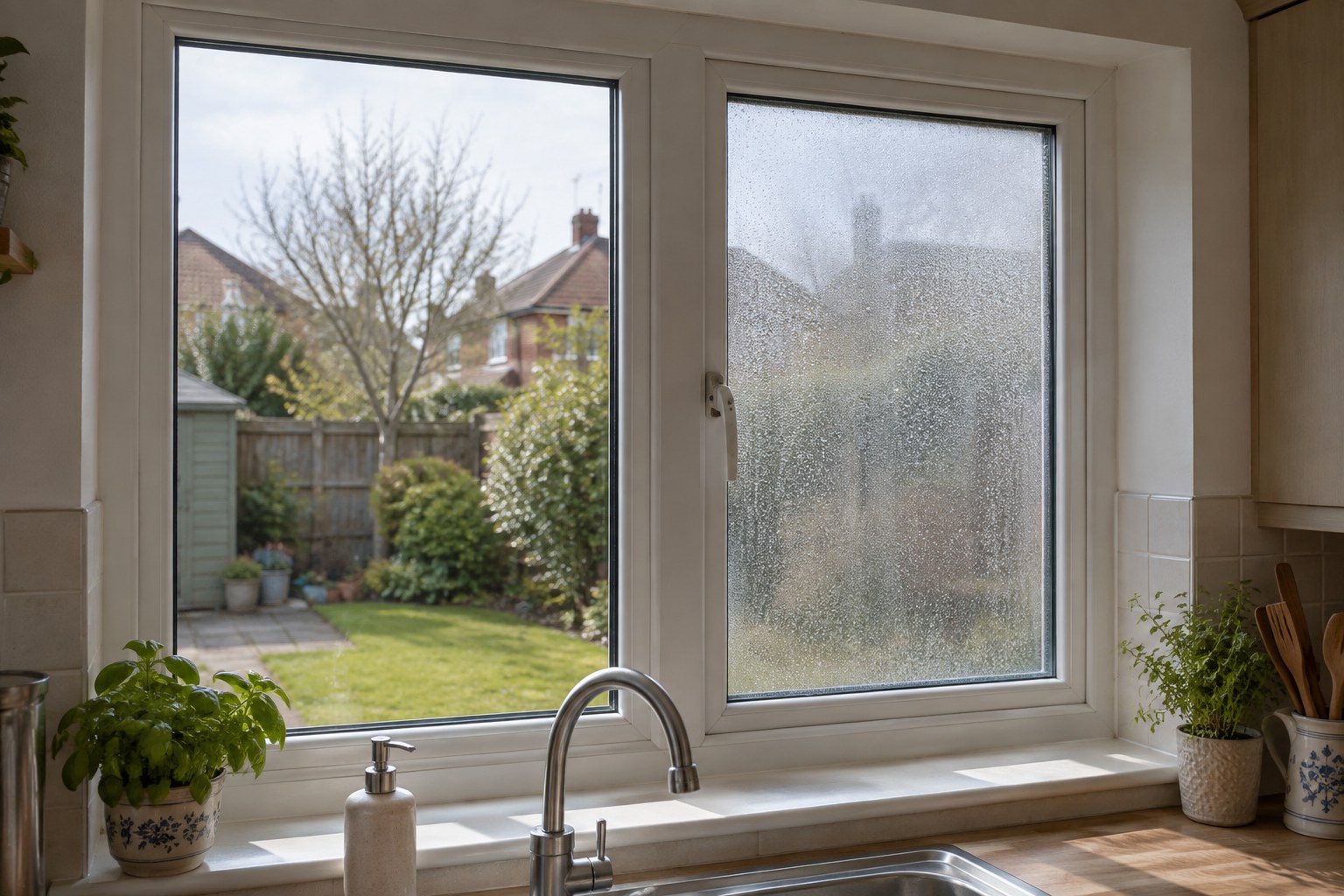 Clear kitchen window unit beside a separate pane with trapped condensation