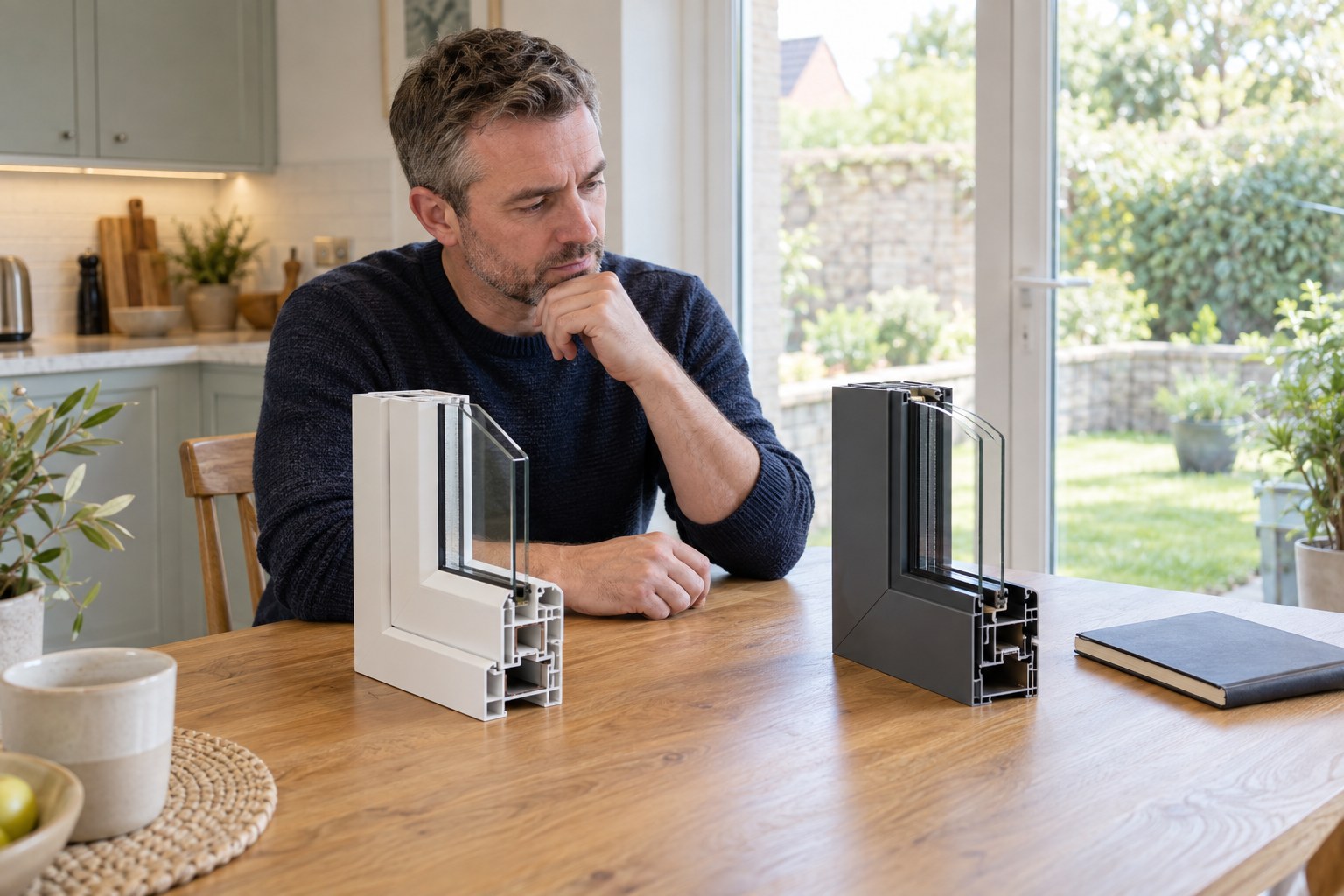 Homeowner comparing white and grey window frame samples at a kitchen table