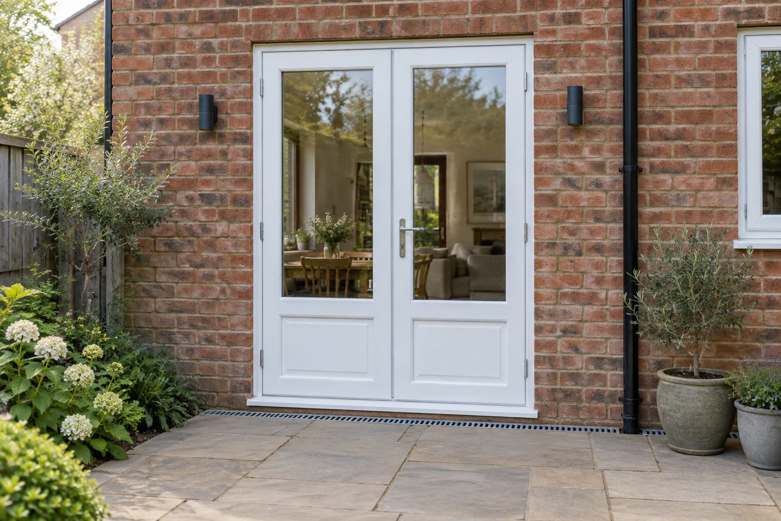 White glazed French doors with a low threshold and drainage channel outside