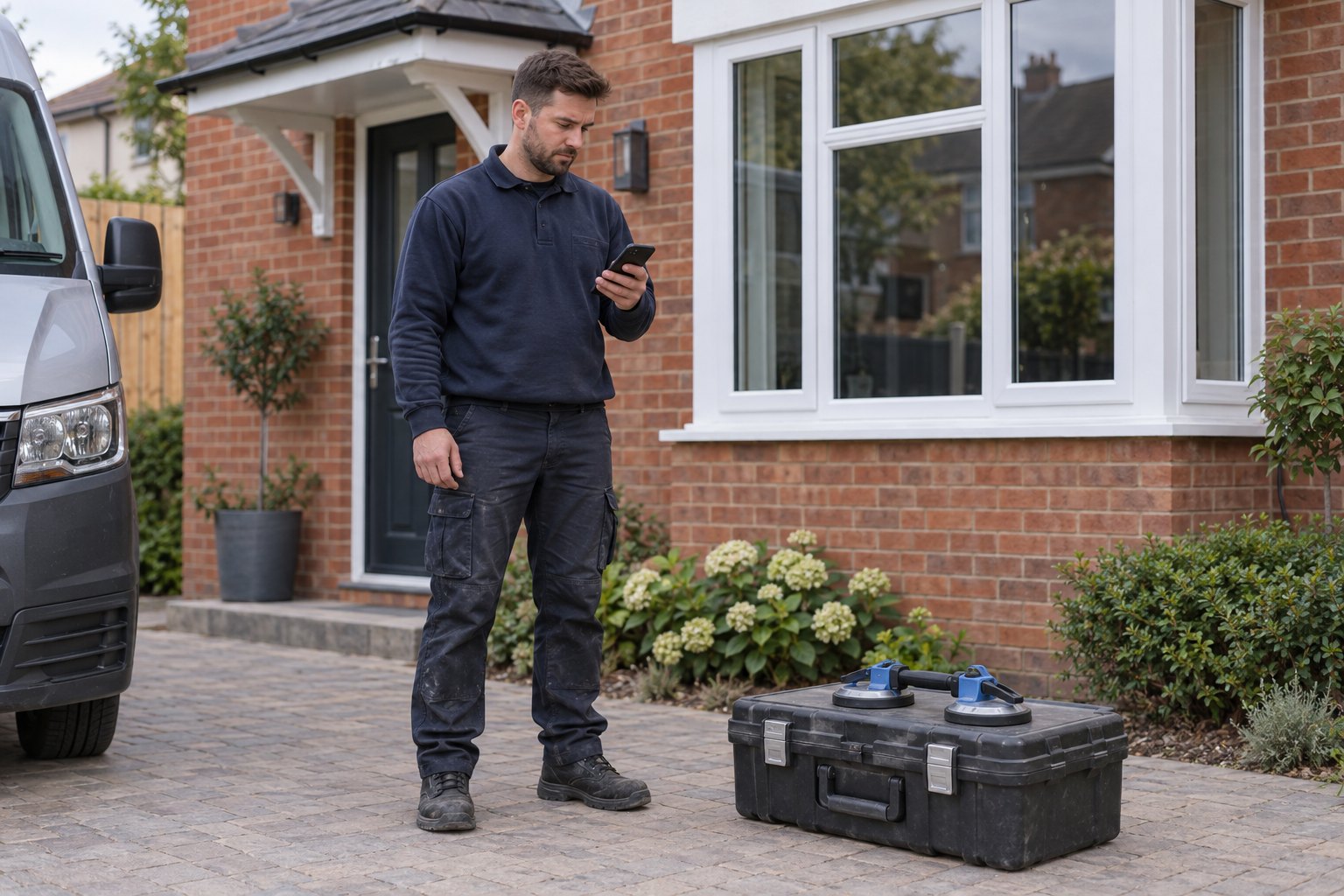 Glazier checking a phone beside a tool case and glass suction lifters