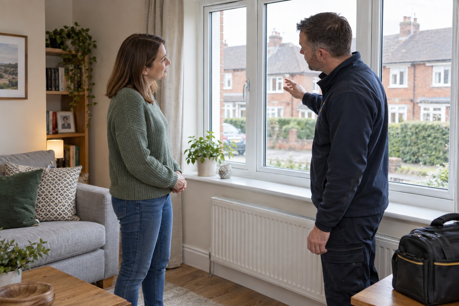 Homeowner and glazing surveyor discussing a white casement window