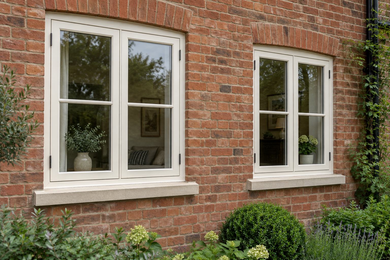 Cream timber double-glazed casement windows fitted into red-brick openings
