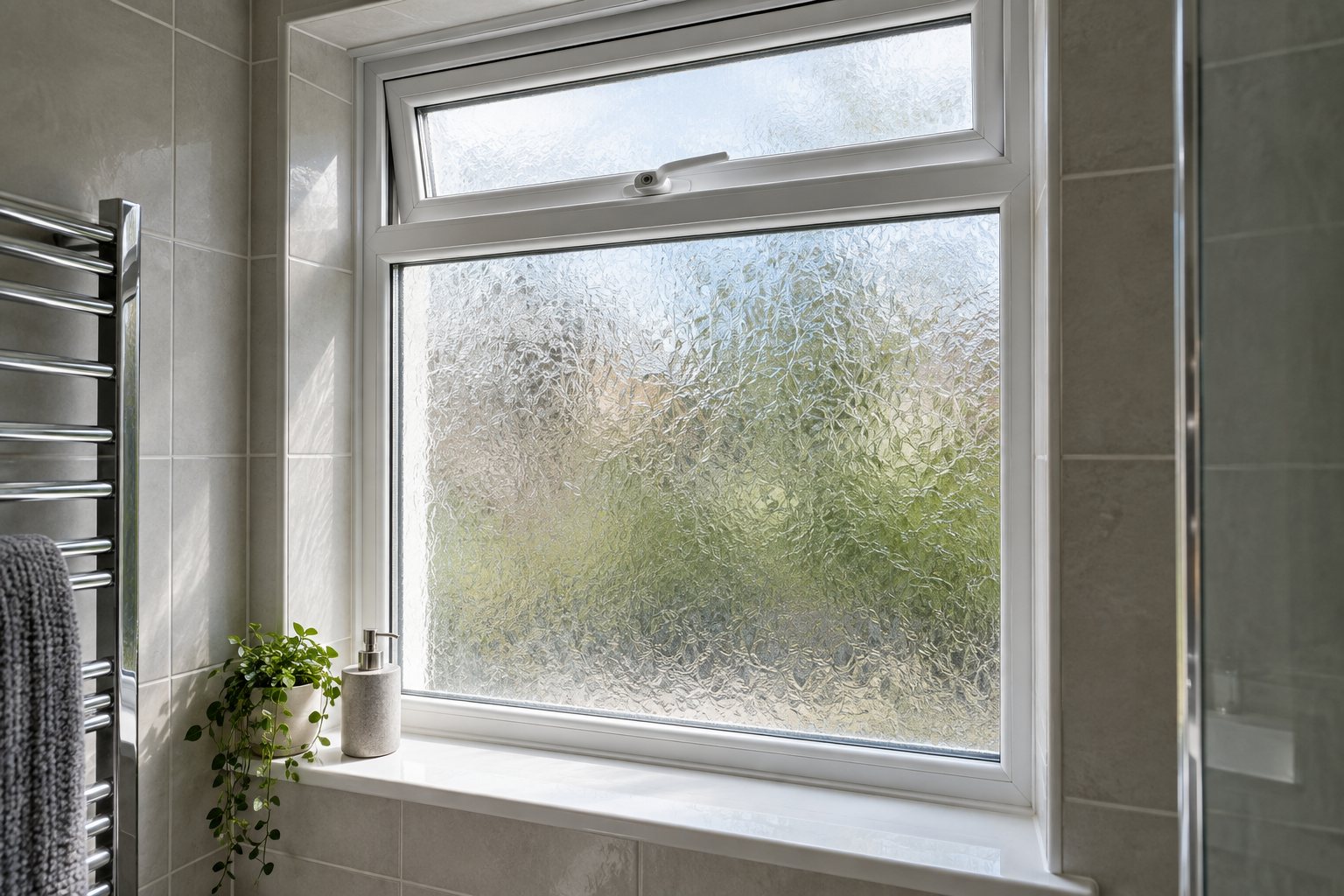 Obscure replacement glass in a white bathroom window with tiled reveals