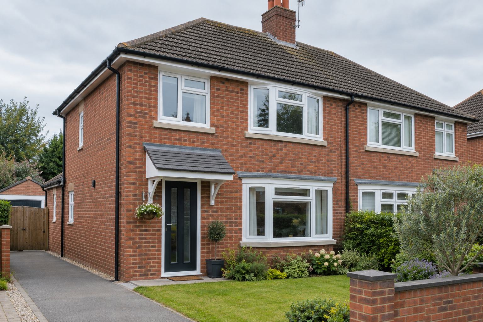 White replacement casement windows on a red-brick semi-detached house