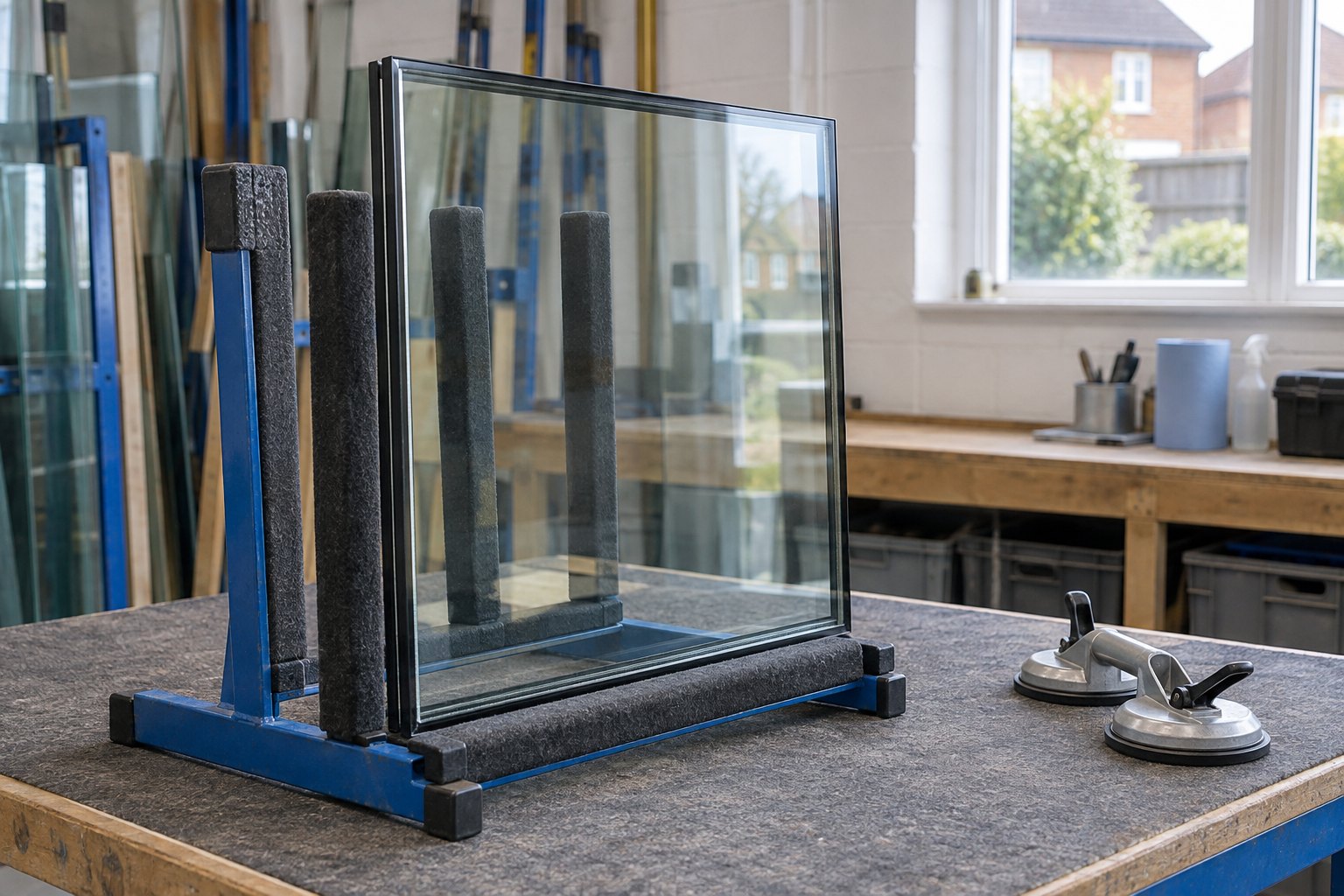 Replacement sealed glass unit supported in a padded rack on a workshop bench