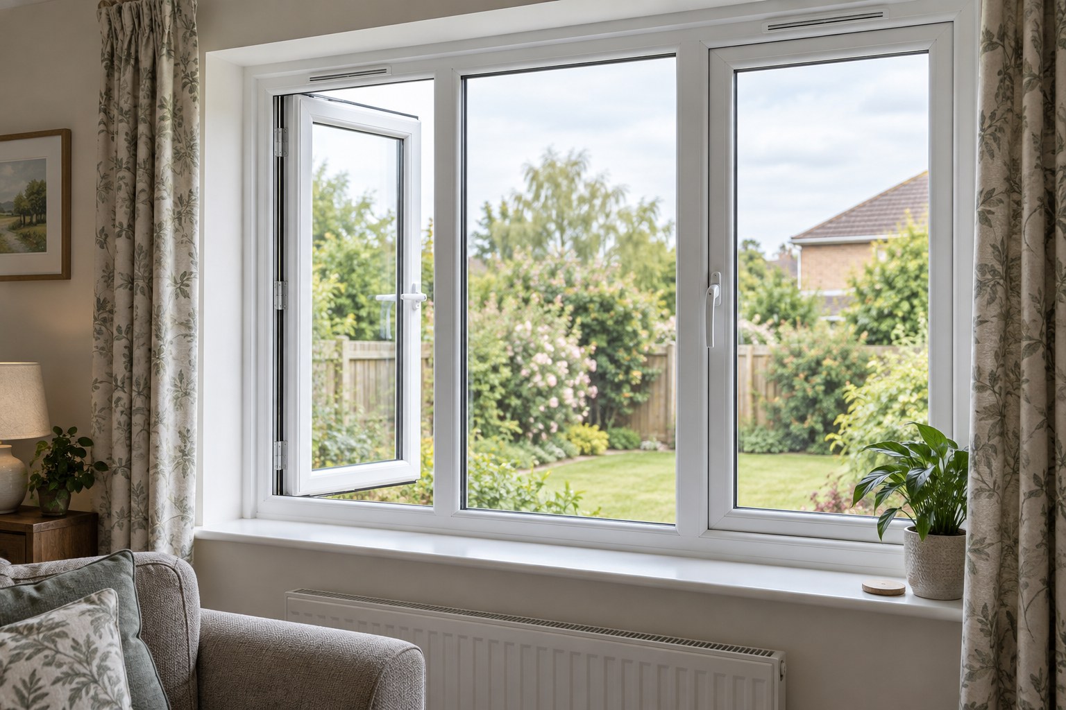 White uPVC casement window with handles, top ventilators and a garden view